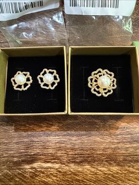 Gold Plated Floral Natural Pearl Earrings and Ring Set - Elegant Jewelry